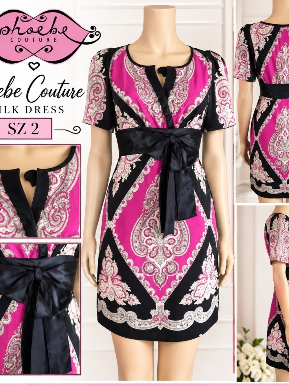 Phoebe Couture Fuchsia and Black Paisley Silk Sheath with Black Sash